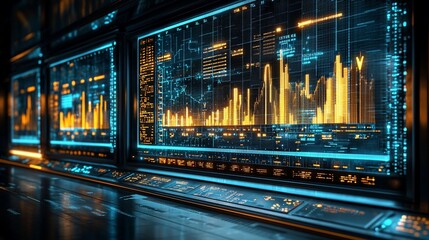 Obraz premium Futuristic control room with multiple screens displaying financial data and graphs.