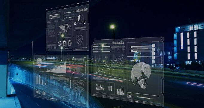 Digital animation showing data dashboards over nighttime cityscape with light trails