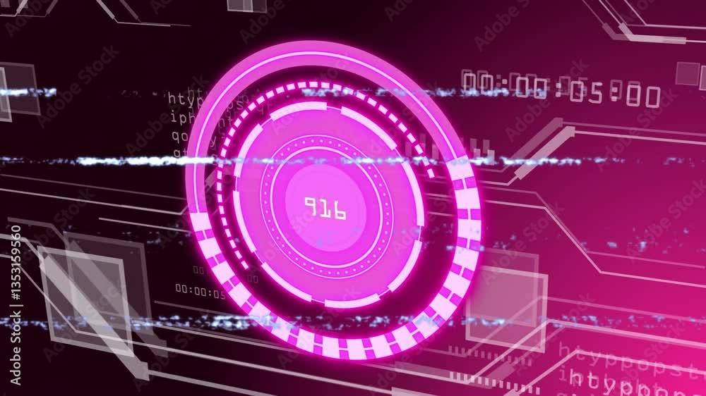 Poster futuristic digital interface with pink circular graphics and binary code animation