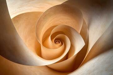 Intricate spiral of light brown paper creating a natural, soft aesthetic with a warm glow