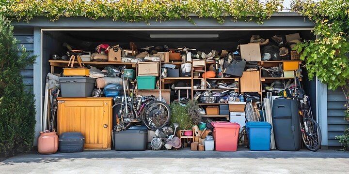 The open garage is filled with various items for storage