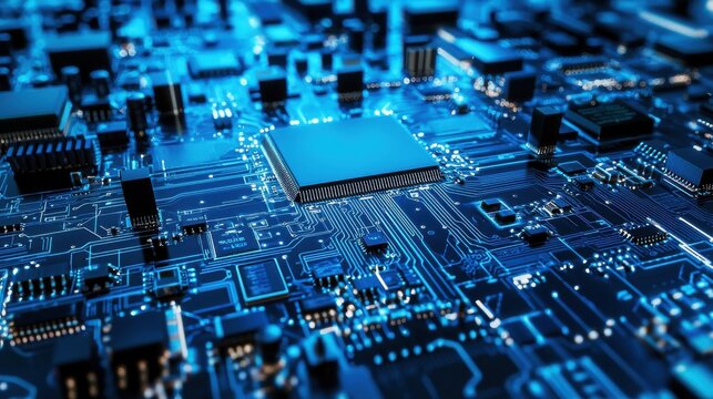 High-tech circuit board background featuring intricate digital technology elements, electronic components, and expansive digital infrastructure in a cool blue tech theme.