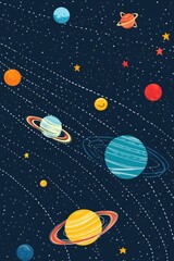 A vibrant illustration of colorful planets and sparkling stars