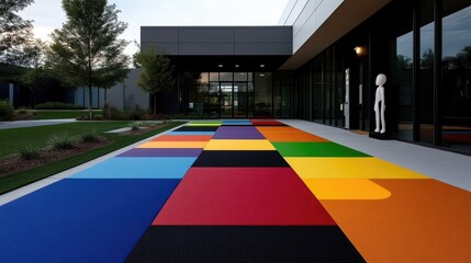 Colorful outdoor play area in front of modern building.  A vibrant pathway of square tiles in various colors leads to a modern structure.  Outdoor play area