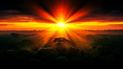 Naklejka premium Amazon Sunrise Fiery Rays Illuminate Rainforest Canopy.