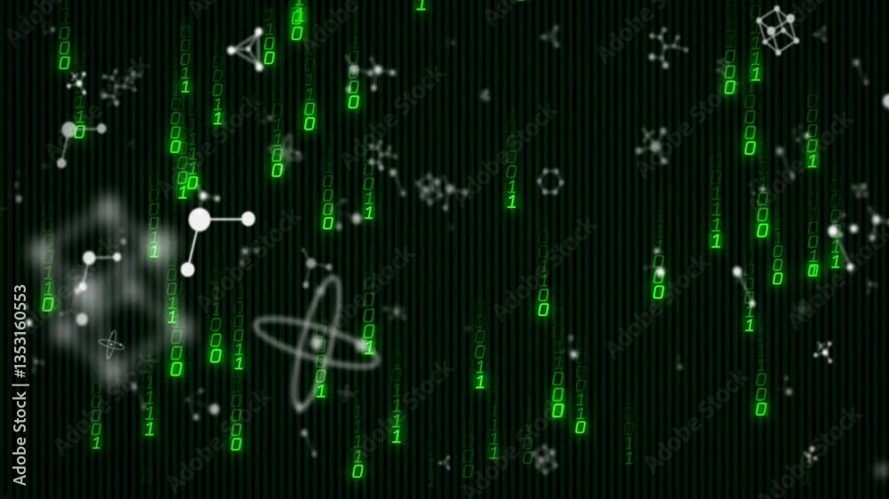 Poster animation of green binary code and molecular structures on dark background