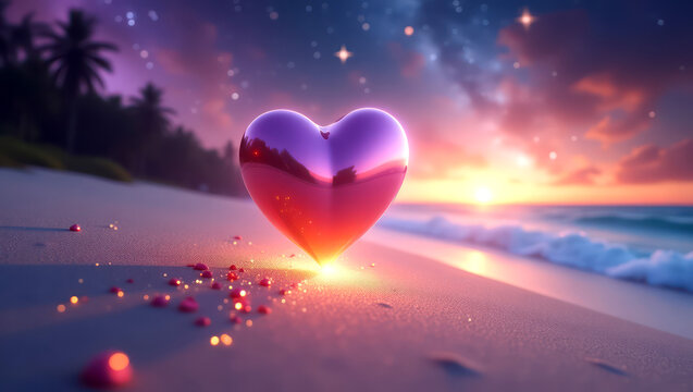 Inner Peace, Emotional Healing, Tranquility – Surreal Heart Symbolizing Mindfulness at Sunset Beach