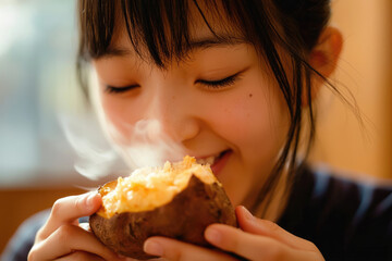 女, 女性, 子供, 女の子, 芋, 焼き芋, サツマイモ, 石焼き芋, 秋, スイーツ, 甘い, woman, female, child, girl, potato, baked sweet potato, sweet potato, stone baked sweet potato, fall, sweet, sweets