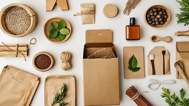 A collection of eco-friendly packaging materials and natural ingredients arranged on a white surface