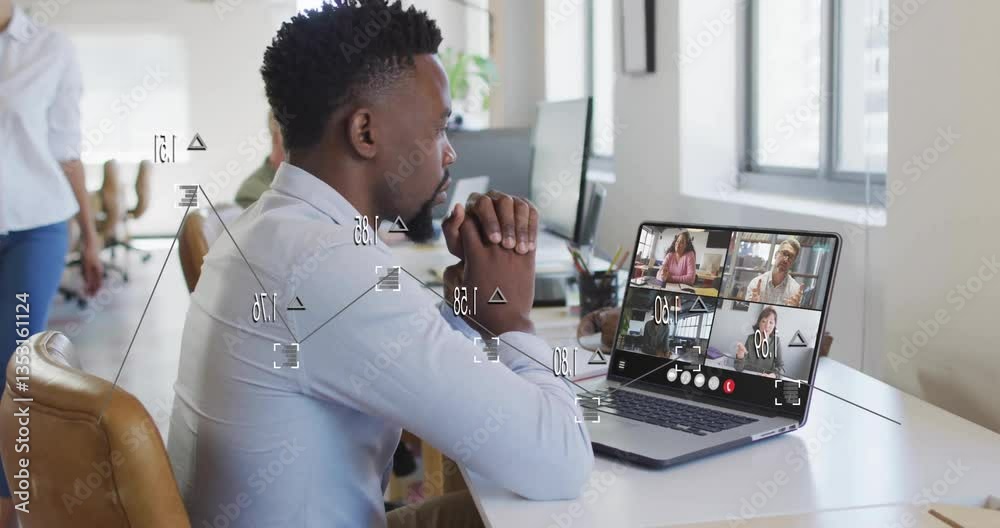 Poster man participating in virtual meeting with data processing animation overlay