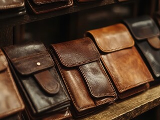 Display of fine, handcrafted leather wallets in various shades of brown on a rustic wooden shelf, showcasing quality craftsmanship and style.