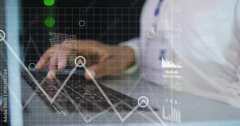 Poster hands typing on laptop keyboard with data graphs and charts overlay animation