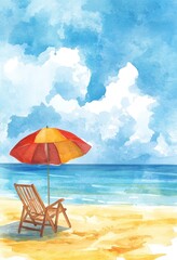 A watercolor painting of a beach scene with an umbrella