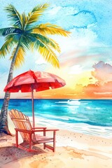 A scenic beach vacation spot with chair and colorful parasol