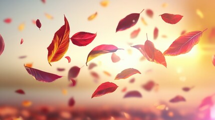 Autumn Leaves Dancing in Golden Sunset Glow.