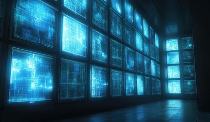 Futuristic data wall, glowing screens, and complex information displays