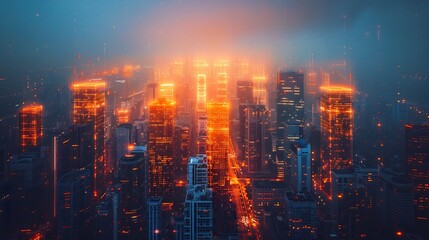 Obraz premium Surreal image of a giant glowing symbol standing atop a corporate city skyline symbolizing brand identity protection