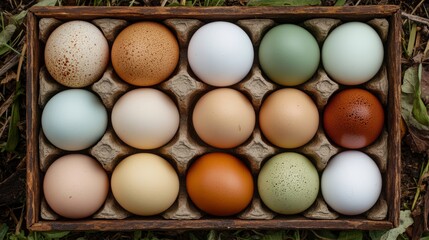 Vintage Wooden Basket of Colorful Farm Eggs