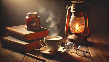 A cozy still life scene with warm lighting_ a steaming cup of coffee, an old book, and a pair of reading glasses on a wooden table