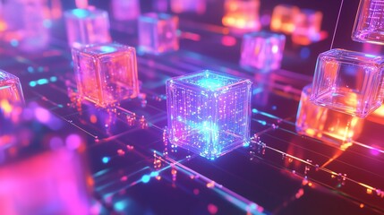 A high-tech 3D visualization of an AI-driven blockchain infrastructure, showcasing neural networks processing crypto transactions in a secure and encrypted environment.