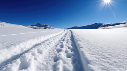Obraz premium Pristine winter trail through a snow-covered landscape. Sunlight illuminates the path, while towering peaks stand guard in the background
