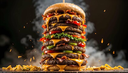 Giant Burger with a Tower of Patties, A Jaw-Dropping Challenge Meal for Big Appetite