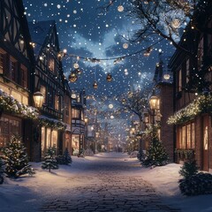 Enchanting winter scene of a historic town adorned with holiday lights and fresh snow, capturing the spirit of the festive season.
