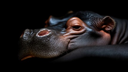 Close-up of a hippopotamus's face, resting in a dark setting.  The hippo's skin texture is visible, showing wrinkles and details. Its large eyes and nose are prominent features