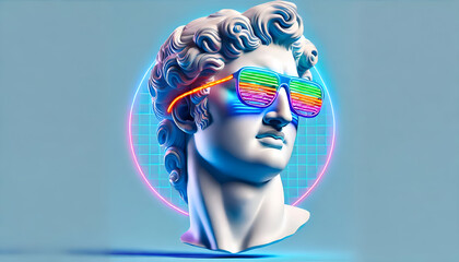 A Greek  bust wearing multicolored neon glasses against a sky-blue background, designed in a sleek and modern style, symbolizing the intersection