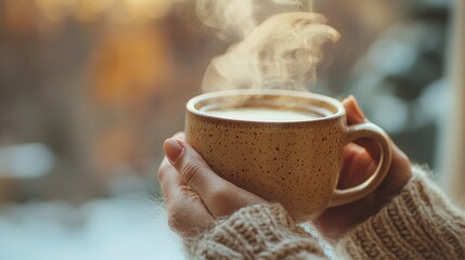 Hands holding steaming hot beverage in mug near window.