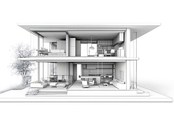 Cross-sectional view a minimalist white house model, showcasing the interior design and architectural layout