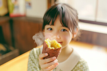 女, 女性, 子供, 女の子, 芋, 焼き芋, サツマイモ, 石焼き芋, 秋, スイーツ, 甘い, woman, female, child, girl, potato, baked sweet potato, sweet potato, stone baked sweet potato, fall, sweet, sweets