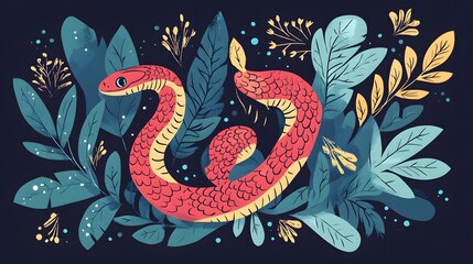 Intriguing Mystical Boho Poster Featuring a Snake with Leaf Branches
