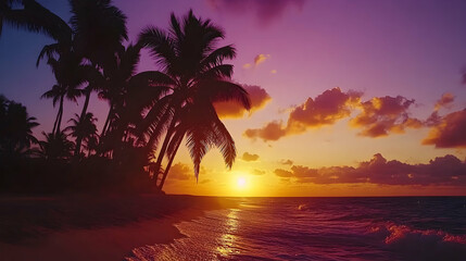 Tropical beach sunrise, palm trees silhouette, ocean waves, vacation