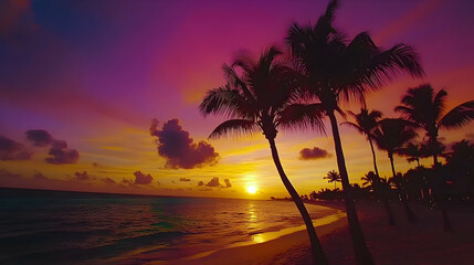 Tropical beach sunset, palm trees silhouettes, ocean, vibrant sky
