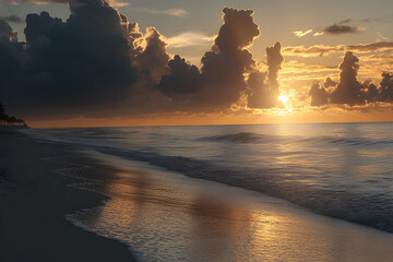Sunrise over tranquil ocean beach, golden light reflects on wet sand