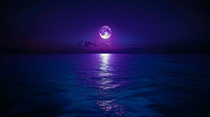 Purple moon rising over calm ocean at night; serene seascape