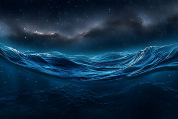 Night ocean waves under starry sky, calm sea surface, underwater view, background for travel