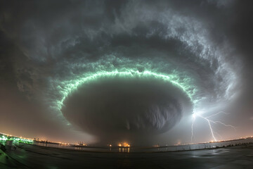 Supercell thunderstorm over city at night