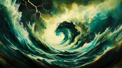 Stormy ocean wave swirling, lightning, dark clouds; Abstract art