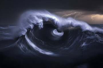 Ocean wave, lightning storm, night, power of nature, dramatic seascape