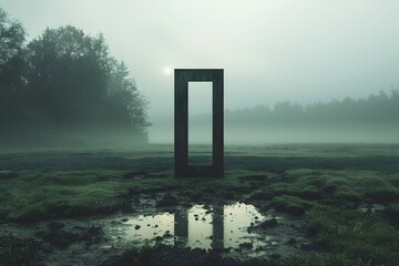 Abstract Concrete Doorway Sculpture in Misty Landscape, Dark Surreal Architecture