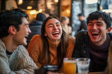 Fototapeta premium Close-Up of Friends Smiling and Chatting Over Coffee in a Relaxed Environment