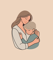Ilustración minimalista de una madre abrazando a su hijo en el Día de la Madre