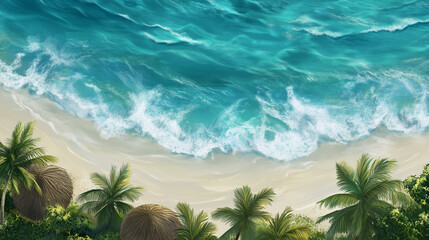 Aerial view of a beautiful turquoise blue water, huts palm trees 