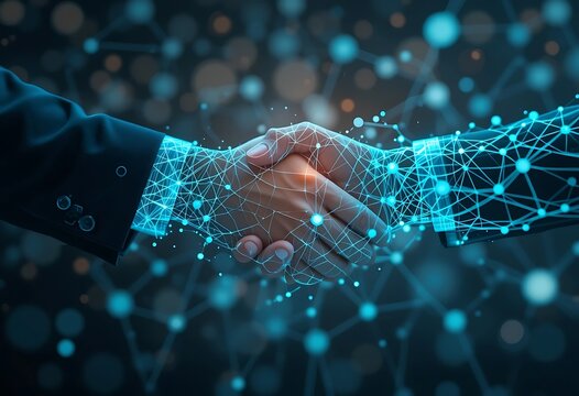 Digital handshake between two people with glowing network overlayed