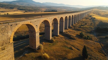 Ancient aqueduct arches gracefully across a sprawling golden landscape