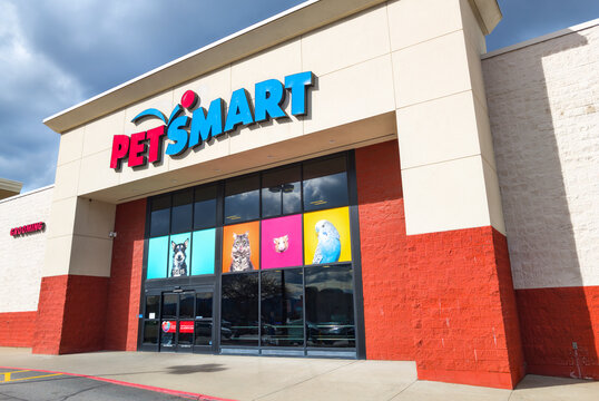 General view of the facade, logo and entrance at a PetSmart pet store in Spokane, Washington State, March 22 2025.