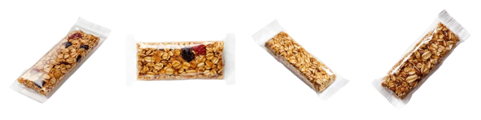 Gordijnen Wrapped granola bars with grains fruit shown from multiple angles © SRITE KHATUN