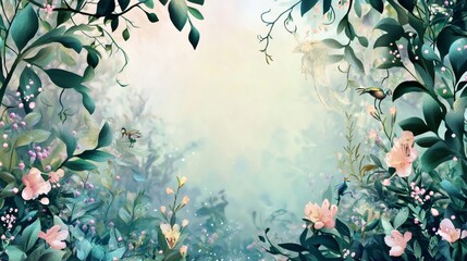 Lush Tranquil Garden Scene with Flowers and Greenery